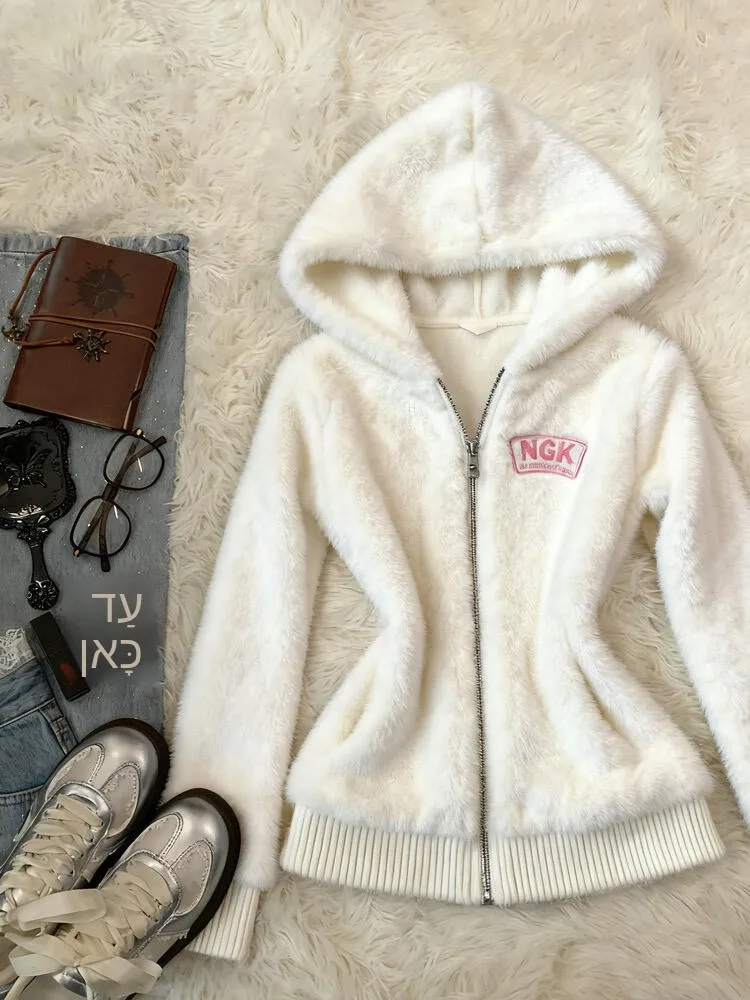 

Furry Warm Hooded Women's Sweatshirt Jacket Original Design Casual Style Cotton Blend Outerwear for Early Spring And beyond