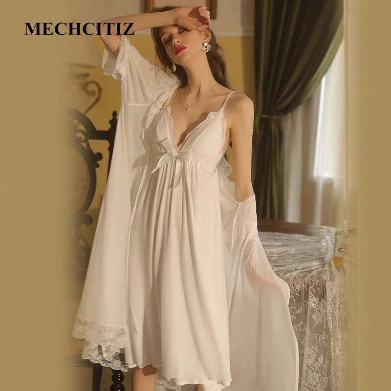 

MECHCITIZ New Pajamas Nightgowns Long Robe With Dress Bride Wedding Pijama White Bathrobe Female Sexy Sleepwear Women Homewear