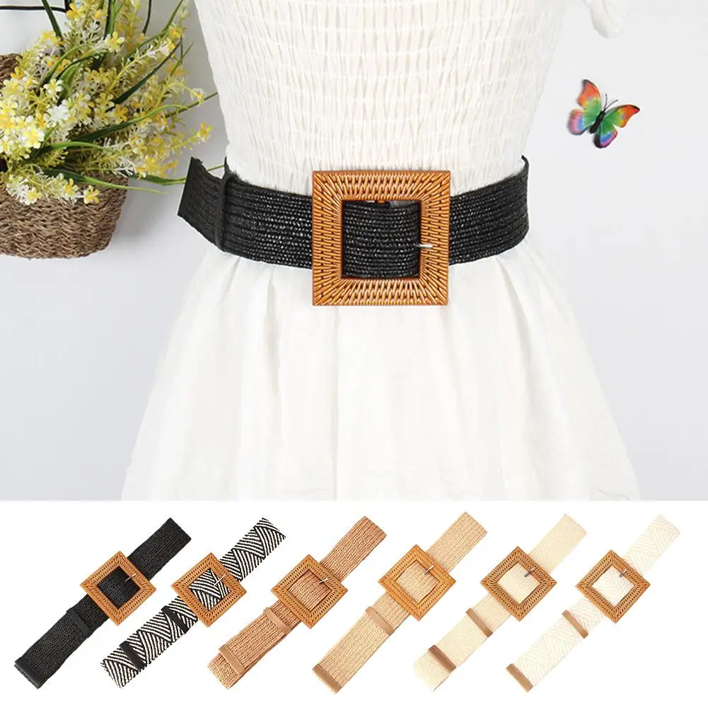 New Boho Straw Wide Belts Classic Solid Color Imitation Wooden Buckle Belt Elastic Waistband Elegant Dress Coat Girdle For T5C5