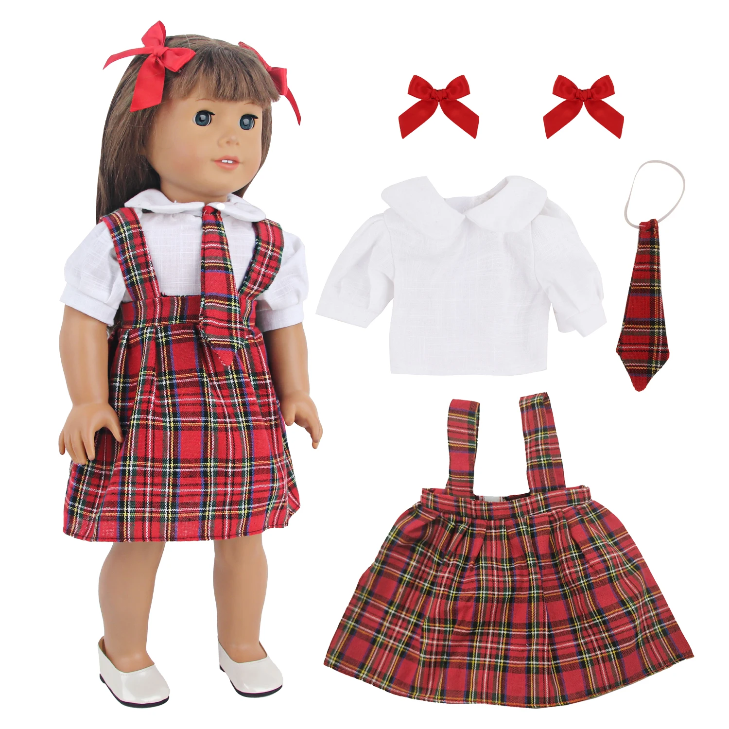 Doll Clothes Student Suit For 18Inch American Doll Strappy skirt+ hirt+tie +hairclip Suit Outfit For 43cm Baby Newborn Girl Doll