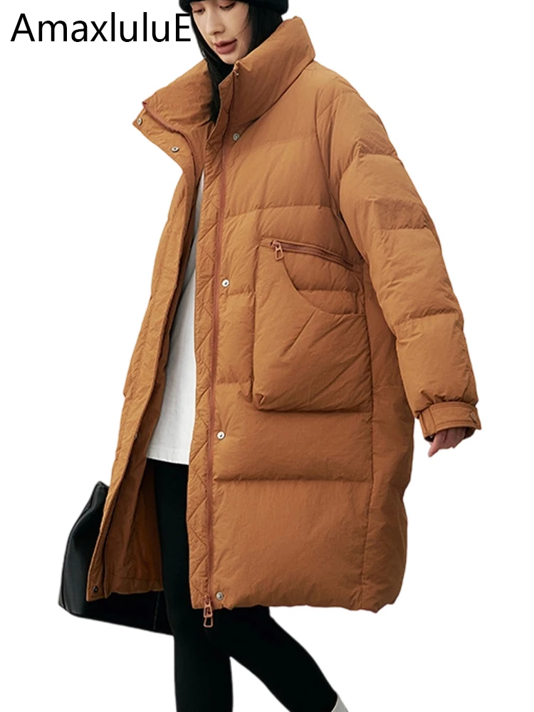 

Amax LuluE Winter Fashion Long Clothes Womens Luxury Duck Down Jacket Loose Casual Warm Snow Coats Ladies Classic Thicken Parkas