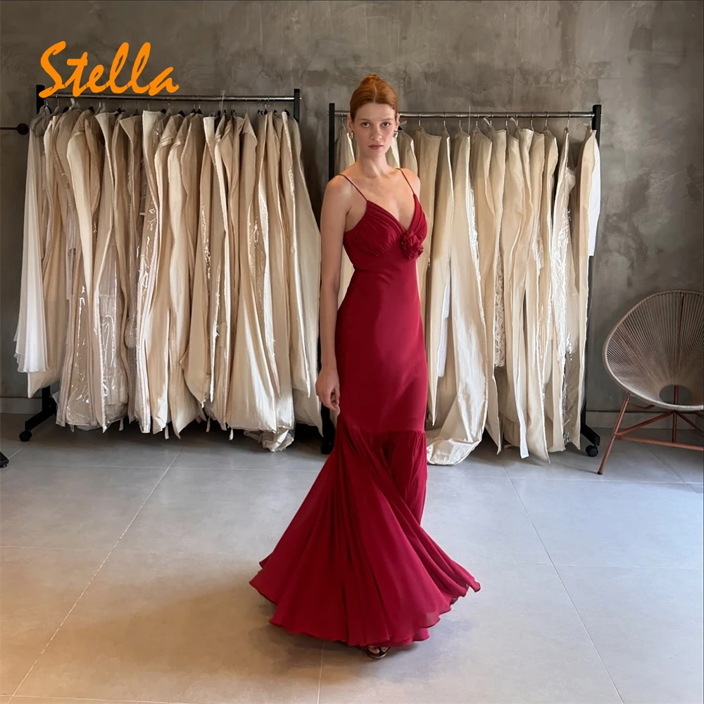 Robe De Noche sirène personnalisée en mousseline De soie bordeaux, moderne, col en v, bretelles Spaghetti, robes De soirée