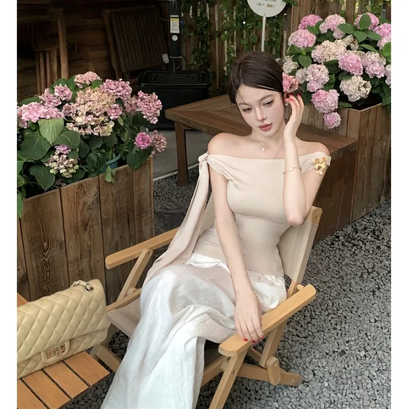 Slimming Effect  Knot T-Shirt Women's Casual Style Standard Fit Polyester Fiber Summer Fashion Trend Shoulder Baring