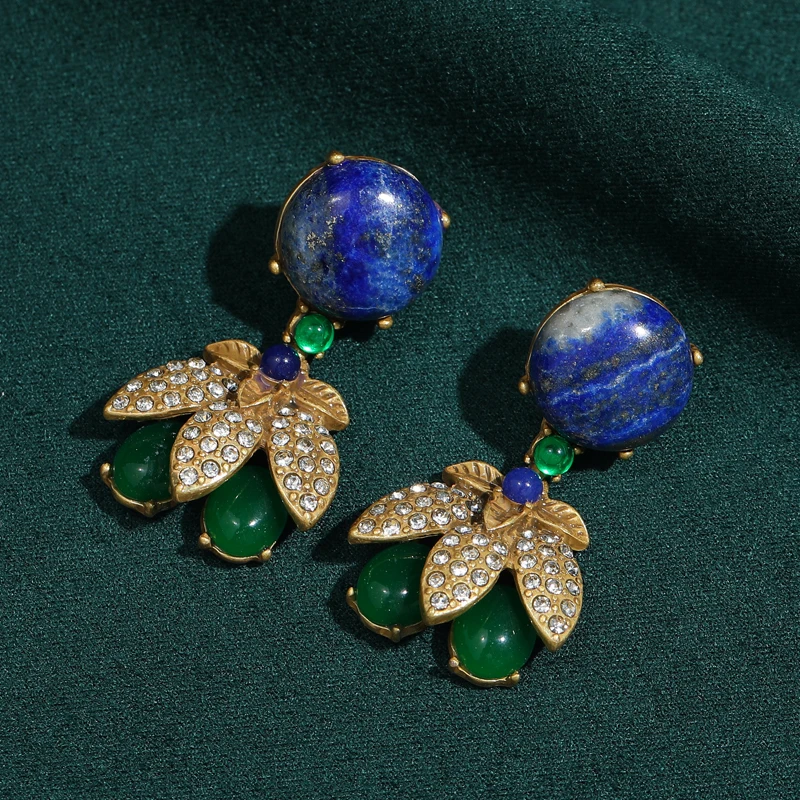 

Antique Pendant Gold Color Leaf Earring Women Vintage Large Lapis Lazuli Jewelry Drop Green Agate 2026 New Trends Gifts Party