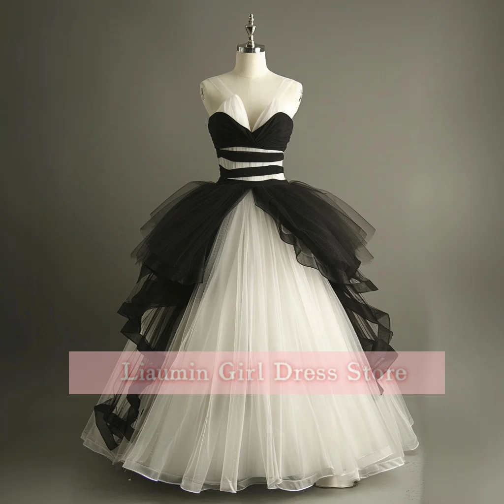 White and Black Tulle Wedding Dresses Bridal Gown Full Length Formal Brithday Party Clothing Lace Up Customized Hand Made W8-20