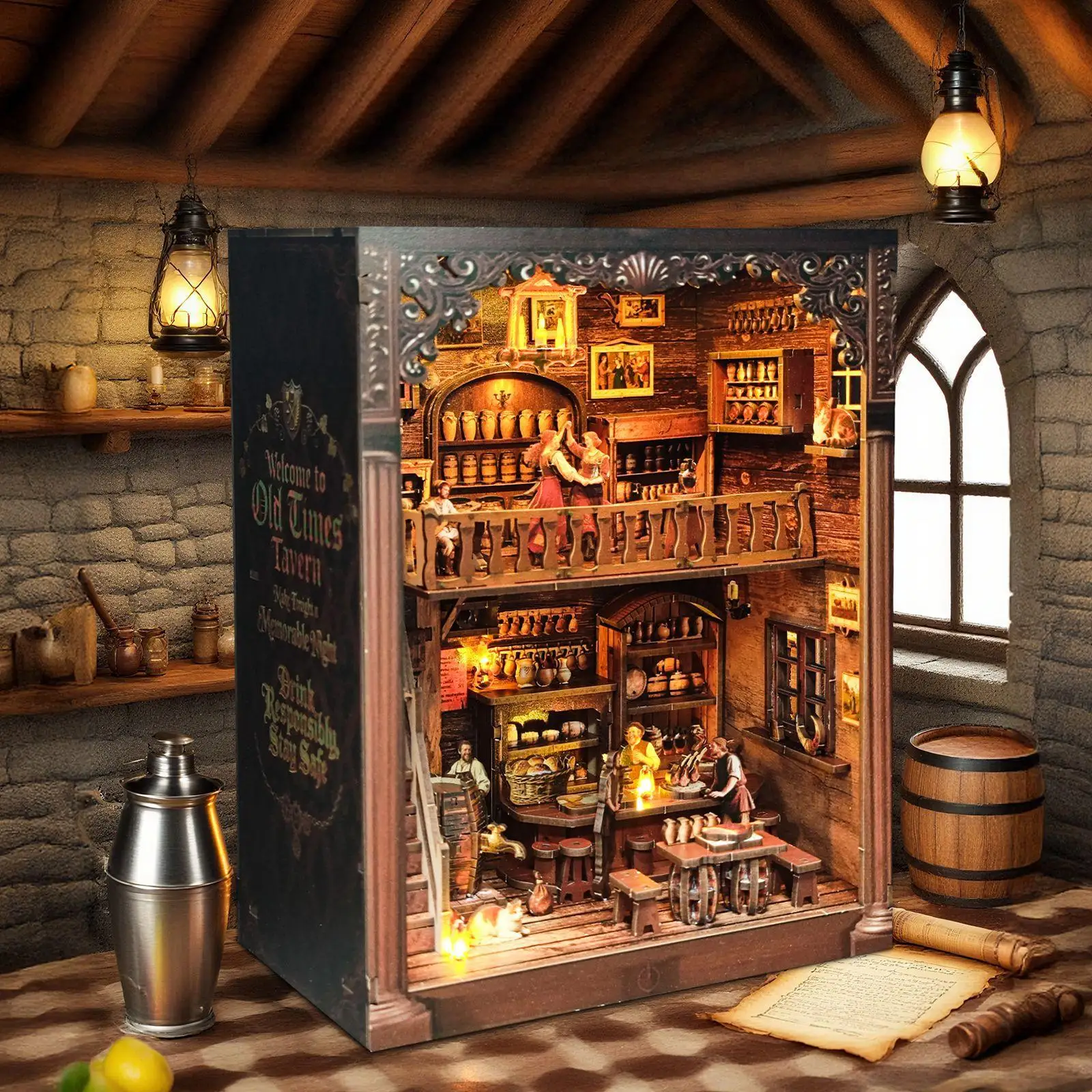 OUZEY Kit de bricolaje de rincón de libros de madera 3D, modelo en miniatura "Vintage Alehouse" con LED, regalo de decoración de estantería del viejo mundo para adultos