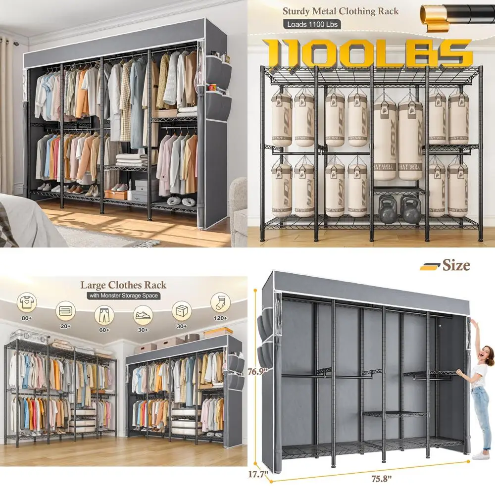 رف ملابس معدني شديد التحمل مع غطاء وأرفف - يحمل 1100 رطلاً، وخزانة محمولة لتعليق الملابس، ونعل تخزين متين
