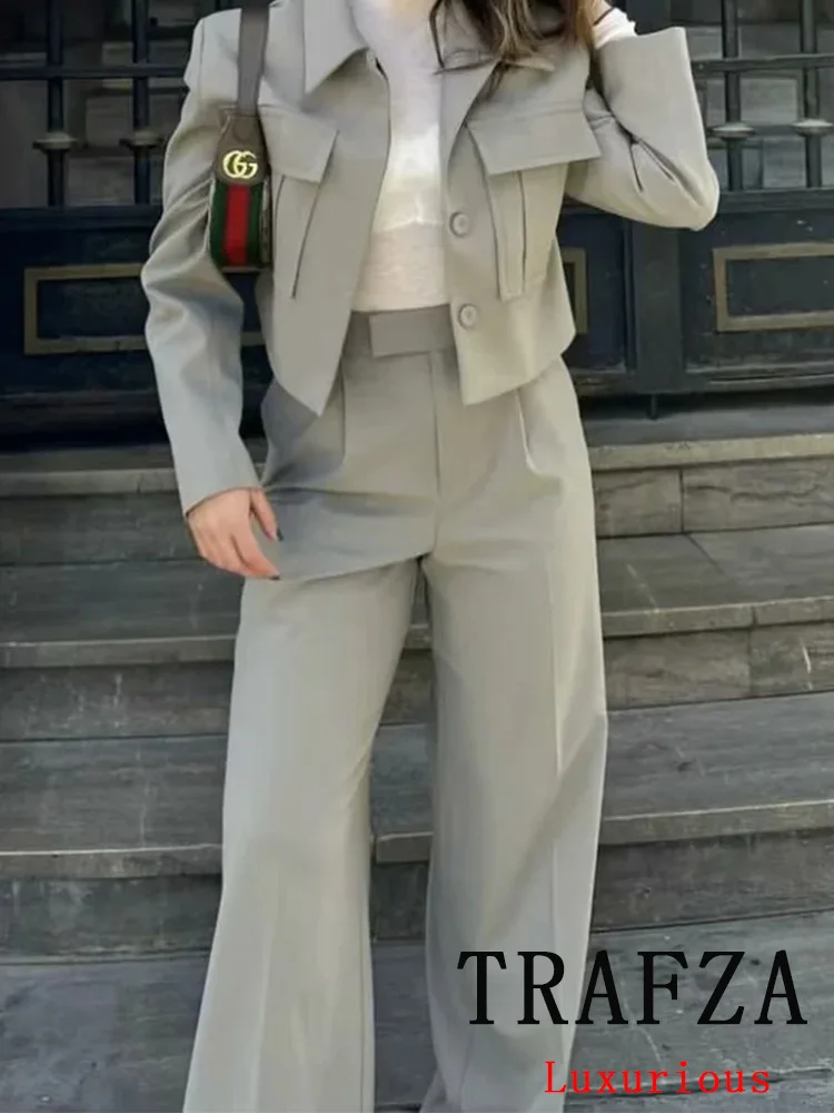 TRAFZA Vintage Casual Solid Women Suit Turn-down Collar Long Sleeve Pockets Jacket Loose Pants Fashion 2024 Spring Summer Sets