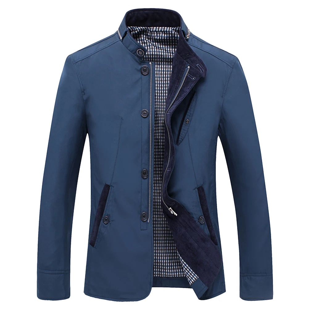 

Spring Summer Autumn Men Casual Jacket Business Stand Collar Outwear Men Coat Treasure Blue -1pcs