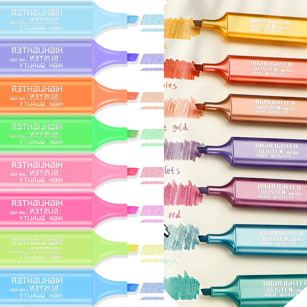 8 قطعة فسفورية معدنية ومعكرون اللون تمييز الفن علامات المائل رسم قلم مضيء للاجتماعات تدوين الملاحظات