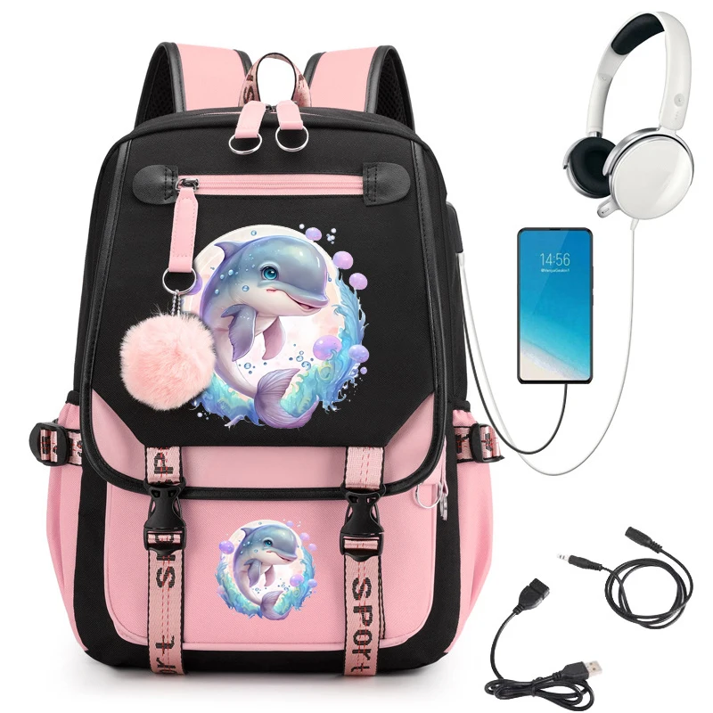 Ransel sekolah motif lumba-lumba lucu impian tas sekolah gambar kartun tas buku pelajar remaja tas punggung bepergian Laptop Mochila tas punggung Kawaii