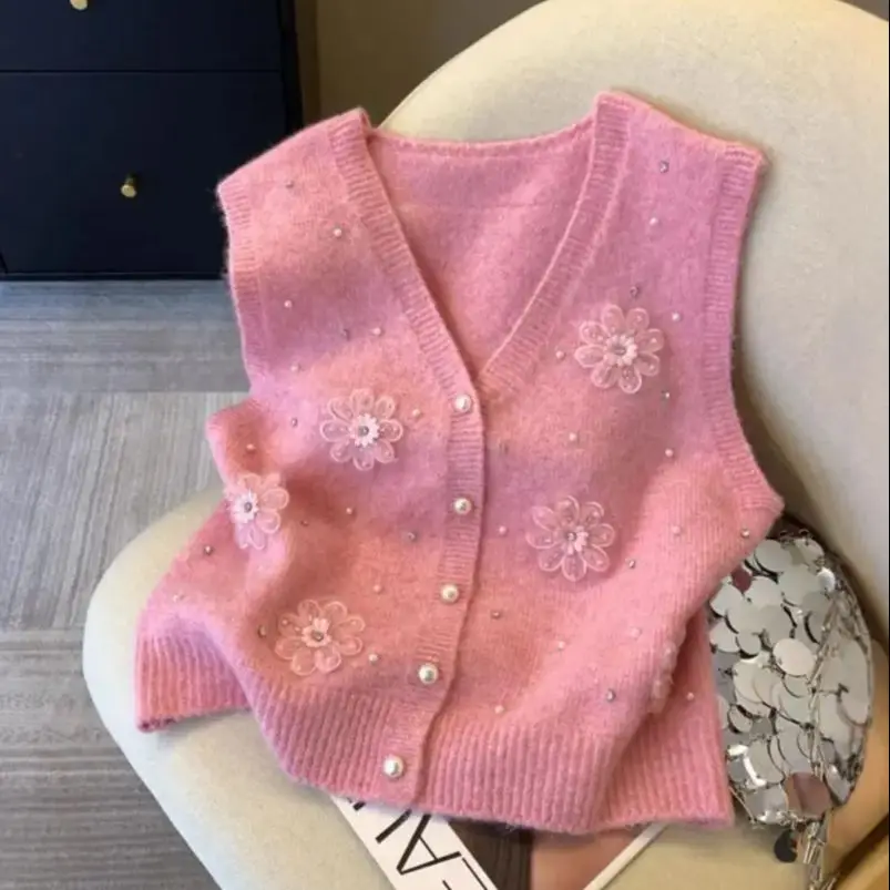 

Heavy Industry Nail Bead Flower Knitted Vest Spring Autumn Versatile Pink Sleeveless Sweater Women's High End V-neck Tank Top