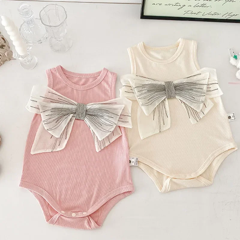 2025 New Summer Newborn Baby Girls Romper Sleeveless Cotton Bow Splicing Korean Style Climbing Suit 0-24M Baby Girls Clothing