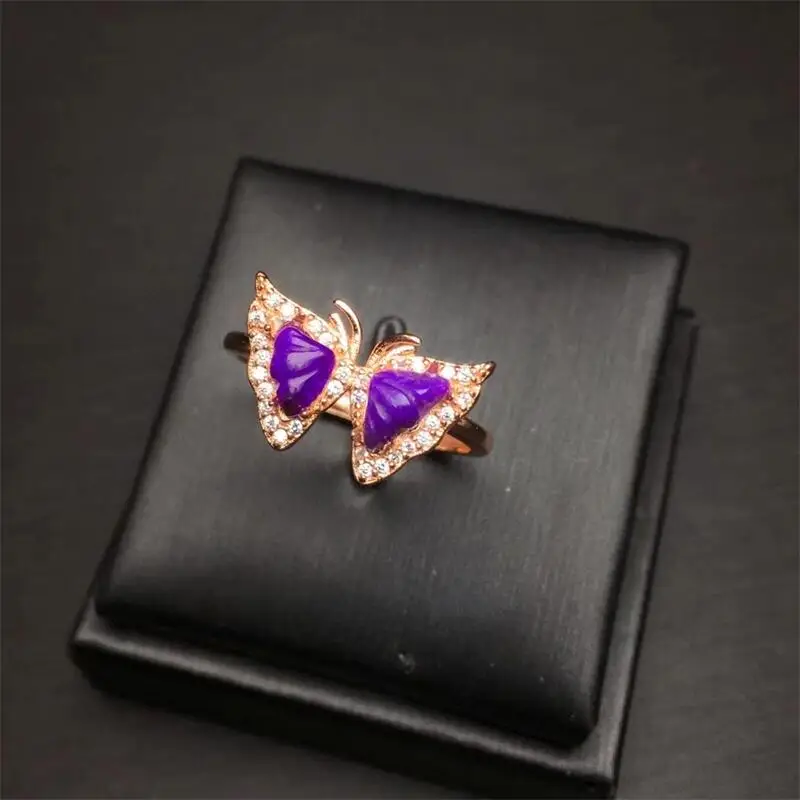 

S925 Natural Sugilite Butterfly Ring Fashion Healing Women Girls Wedding Engagement Sapphire Ring Gift 1PCS