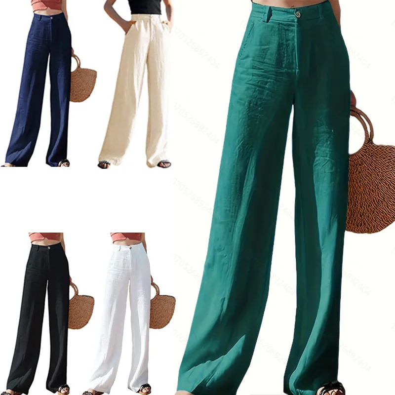 Linen High Waist Straight Wide Leg Pants Women's Loose Casual Trousers
