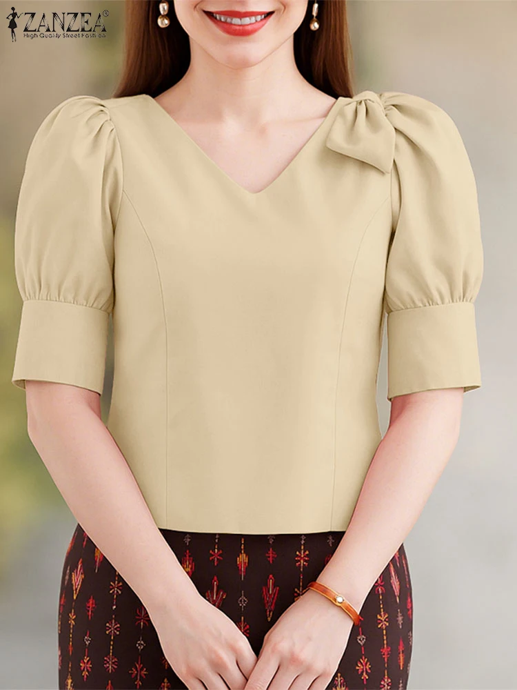 

2025 ZANZEA Women Summer OL Work Blouse Elegant Office V Neck Shirt Stylish Short Puff Sleeve Solid Tops Bow Blusas Tunic Mujer