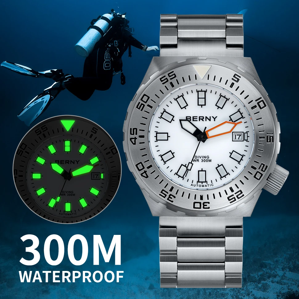 BERNY 30Bar Diver Watch Mechanical Wristwatches 300 Meters Supper Waterproof Super Luminous Sapphire Sport Diving Watches 30ATM