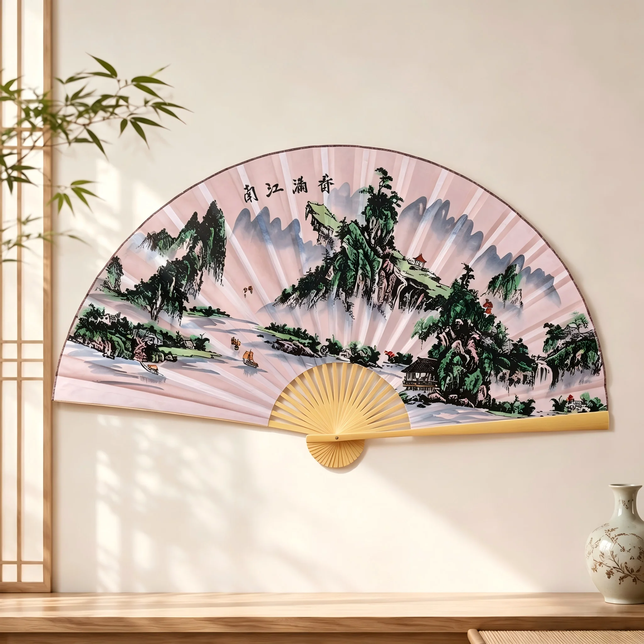 Oversized 160cm Wall‑Hanging Decor Fan, Xuan Paper & Natural Bamboo Frame, Oriental Wall Ornament for Living Room Tea House
