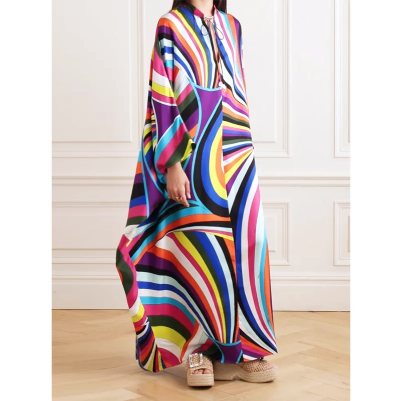 Jennifer Striped Colorful Geometric Maxi Dresses for Women 2024 Fashion Loose Batwing Sleeves V-Neck Dresses for Party Evening