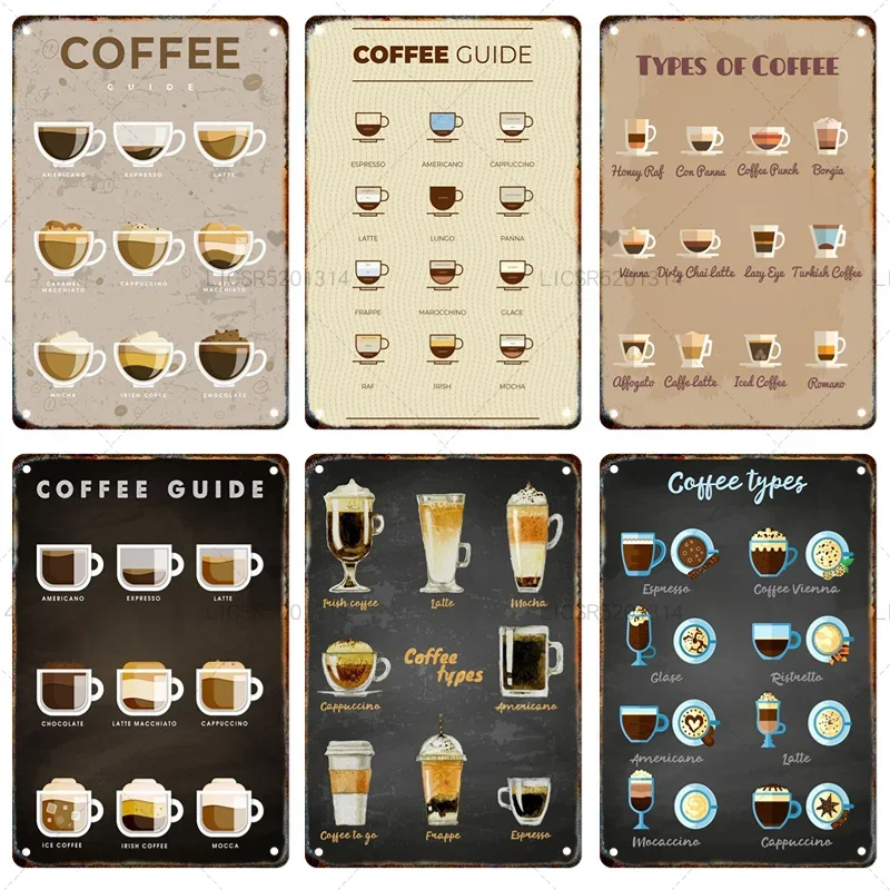 Vintage Coffee Type Series Tin Painting Metal Signage Rust Poster Home Restaurant Kitchen Cafe Wall Art Decorative Painting Gift