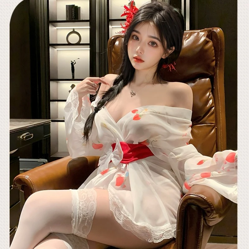 شفافة نمط الفراولة طباعة مثير كيمونو مغر الدانتيل طويلة الأكمام القوس فستان أنيق سحر ثوب النوم اليابانية البشكير #5