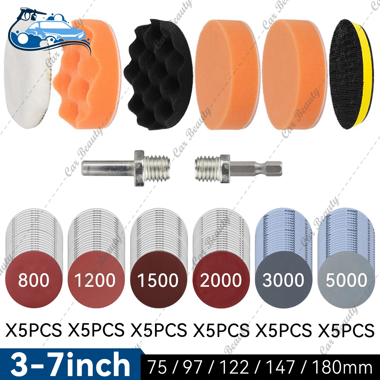 3 4 5 6 7 Inch Car Detailing Waxing Sponge Kit Sandpaper Disc Pad With M10 M14 Hex Drill Adapter for Auto Headlight Polishing