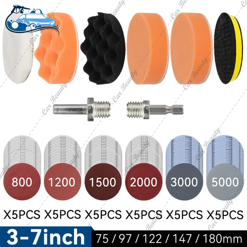 Kit de esponja de encerado para detalles de coche, almohadilla de disco de papel de lija con adaptador hexagonal de taladro M10 M14 para pulido de faros automáticos, 3, 4, 5, 6 y 7 pulgadas