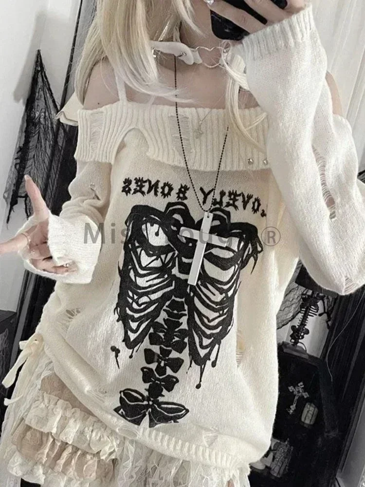 Y2k Harajuku Gothic Knitted Pullovers Women Japanese Fashion Sexy Off Shoulder Tops Female Korea Loose Casual Sweater 2024 New