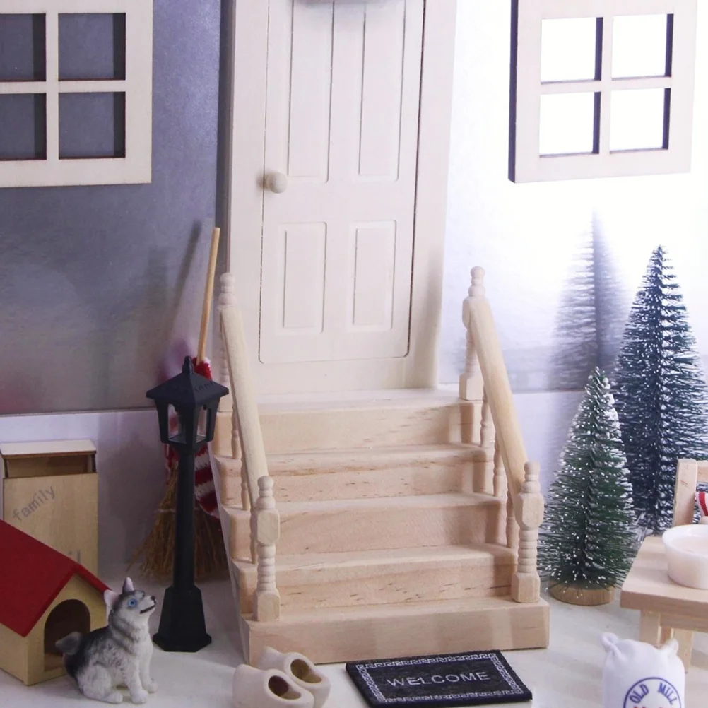 เฟอร์นิเจอร์บ้านมินิไม้ Handrail บันไดฉากขนาดเล็กขั้นตอนรุ่น Dollhouses บันได DIY