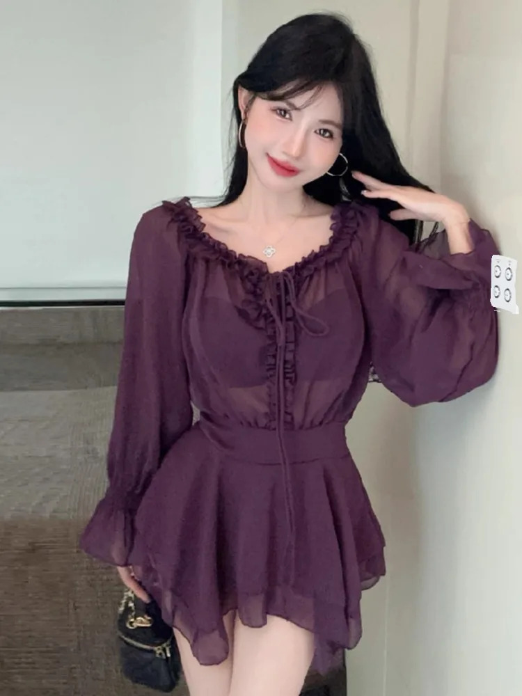 Kimotimo Sexy One Shoulder Chiffon Shirt Dress Women French Temperament Long Sleeve Waist Irregular A-line Party Short Dresses