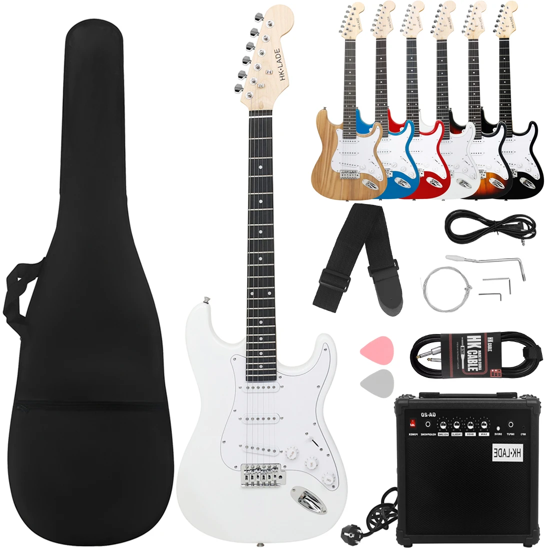 

White HK.LADE 39 Inch Electric Guitar 22 Frets ST Rosewood Fingerboards Electric Guitar Set with Amplifier Strap Strings