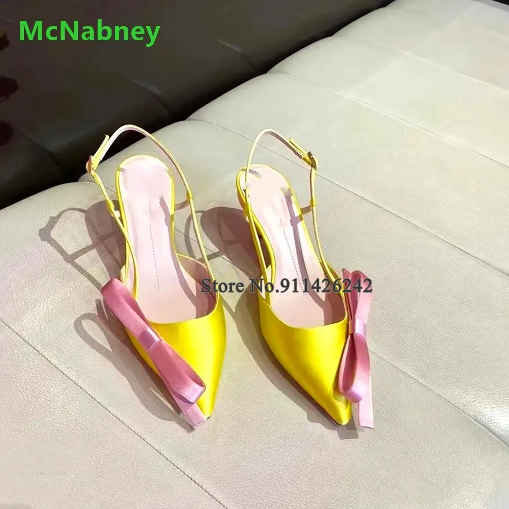 Yellow Silks And Satins Pink Butterfly-knot Pumps For Female Women 2024 New Slingback Buckle Strap Pointed Toe Kitten Heel Shoes