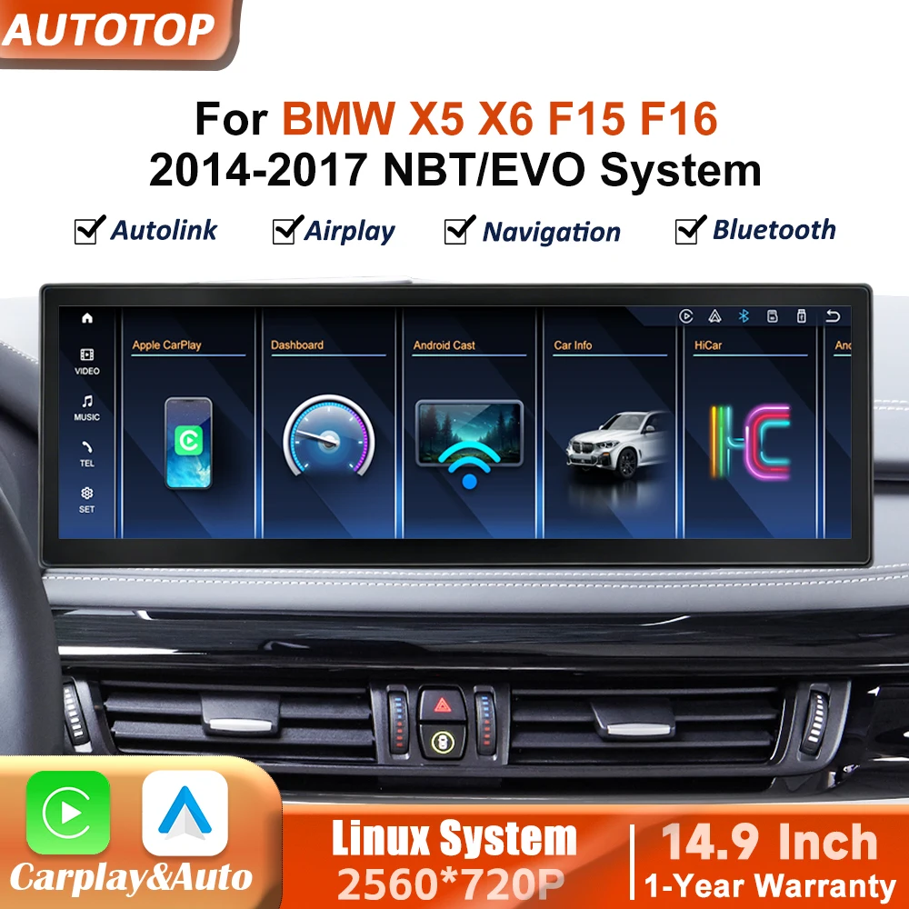 AUTOTOP, autoradio multimédia sans fil avec CarPlay et Android Auto, système Linux, écran tactile, lecteur vidéo, compatible avec les modèles BMW X5 F15 et X6 F16, système NBT EVO, 2014-2017, avec accès en ligne à YouTube, Airplay, Autolink, Mirror Link, WiFi, Bluetooth et GPS.