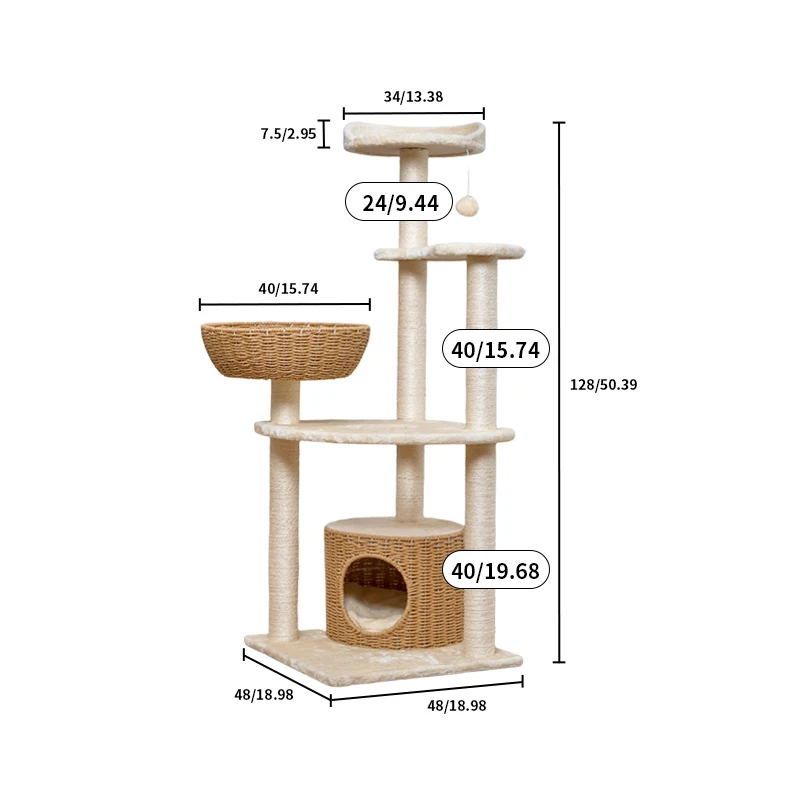 

Sisal Cat Tree House Rattan Cat House Floor to Ceiling Nature Solid Wood House for Big Cats