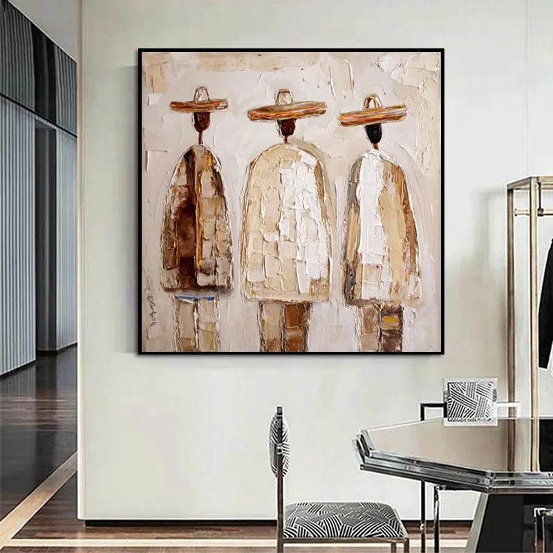 Brown Beige Men Wear Hats Canvas Thick Artwork New Abstract Artwork Handmade Beige White Couple Oil Painting For Bedroom Decor