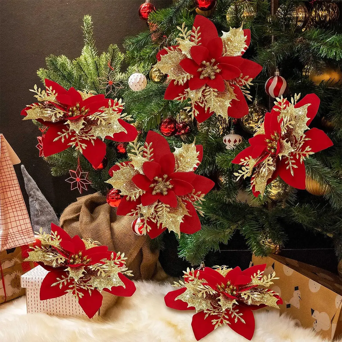Weihnachts-Glitzerblumen, künstliche Blumen, Weihnachtsbaumschmuck für Zuhause, 2025, Baum-Anhänger, Ornamente, Navidad, Neujahr 2026, Geschenk – Detail 2