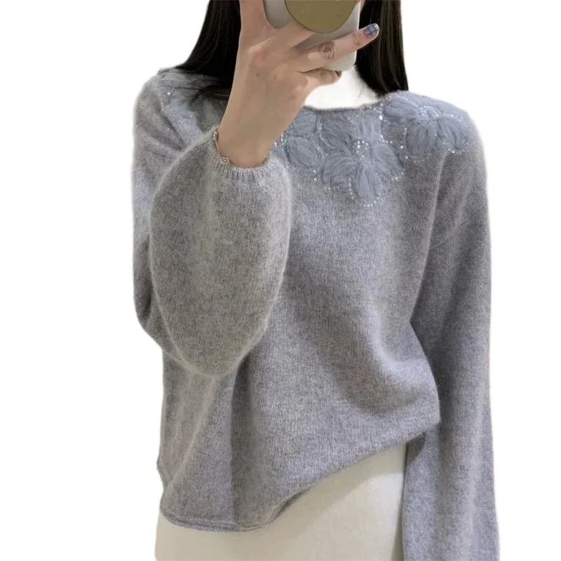 

2025French Sequin Flower Pullover Knitted Sweater For Women's Autumn And Winter New Korean Style Soft Basic Clothing Top