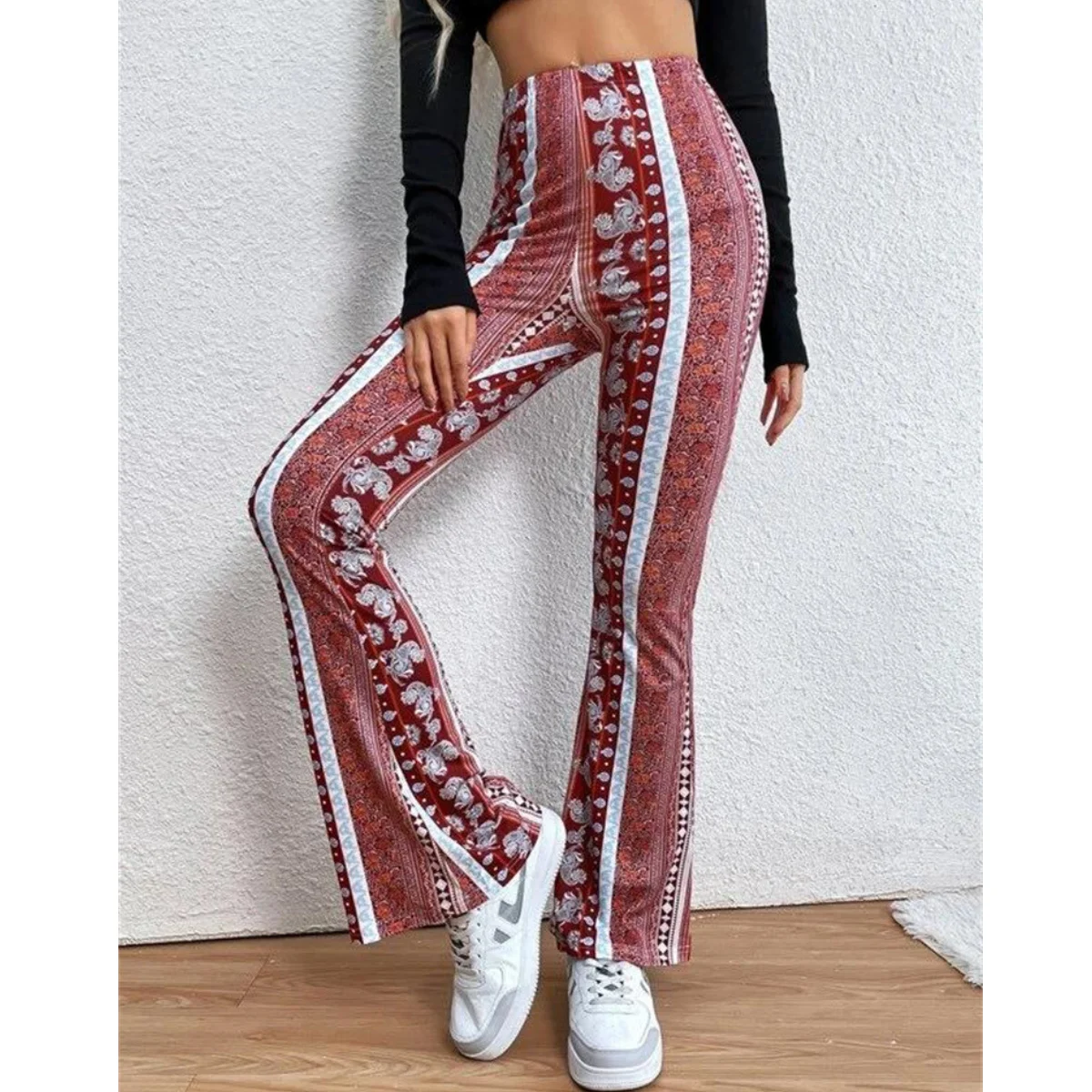 Calças boho para mulheres, leggings flare, calças hippie harém, calças de ioga confortáveis boêmias, roupas inferiores do palácio