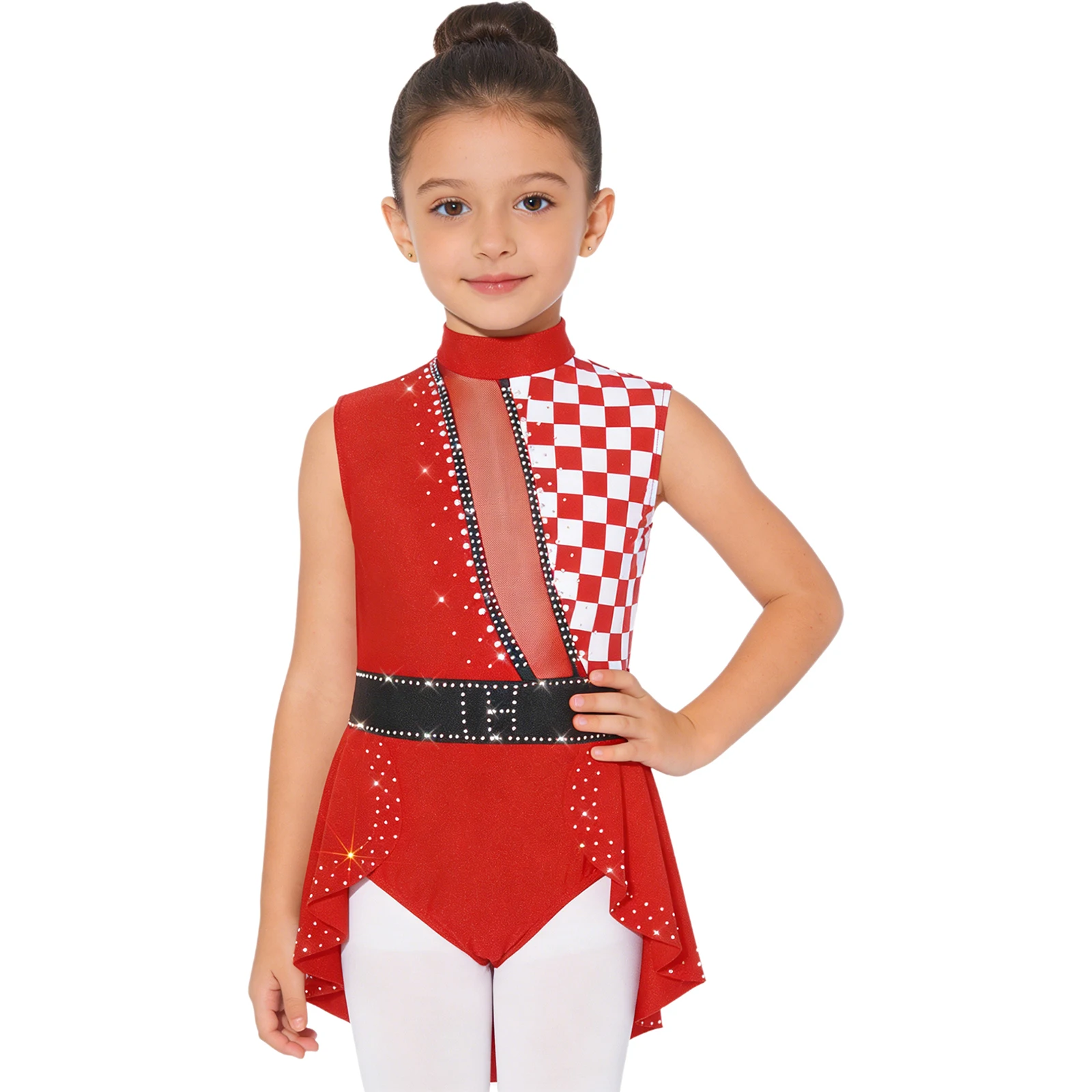 Girls Halloween Circus Clown Performance Costume Rhinestones Ballet Dance Gymnastics Leotard Sleeveless Plaid Overlay Bodysuit