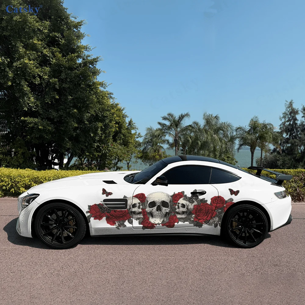 CATSKY.2pcs.Cool Dark Mysterious Twisted Three Skulls & Red Rose Vines Decorative Fitting Car Wrap Sticker (Both Decorative & Pr