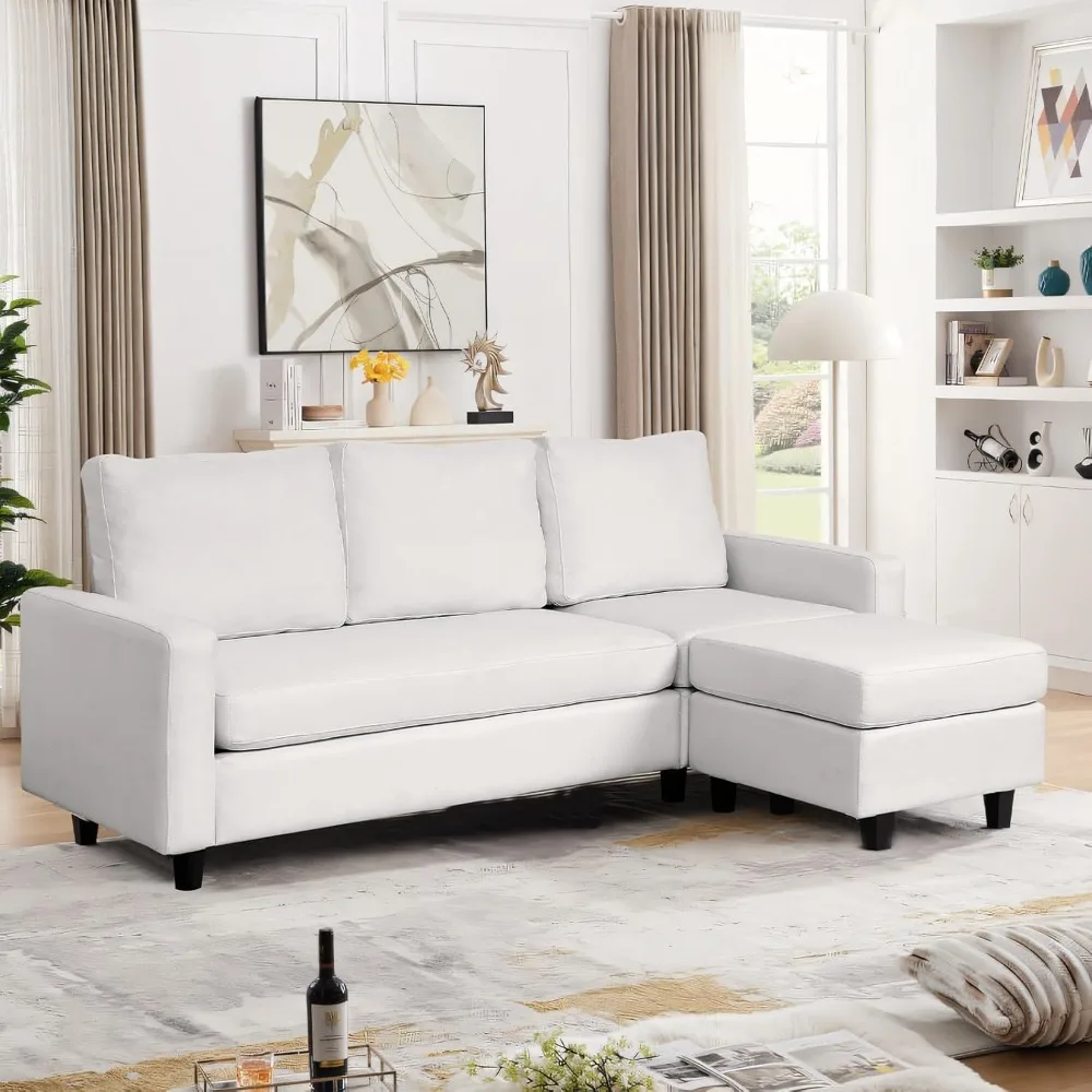 

78" Linen L-Shaped Combination Sofa, Small 3-Seater Convertible Combo Sofa, Reversible Couch for Small Space, Light Grey