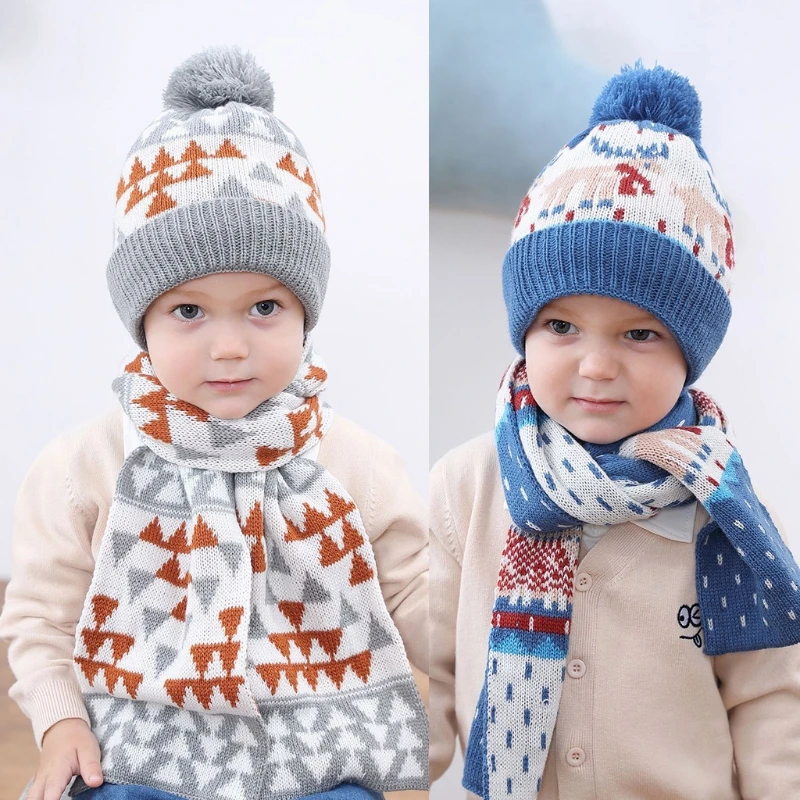 Kerst Hert Patroon Kinderen Muts Sjaal Set Herfst En Winter Warme Jongens En Meisjes Baby Kerstcadeau Cartoon Jacquard