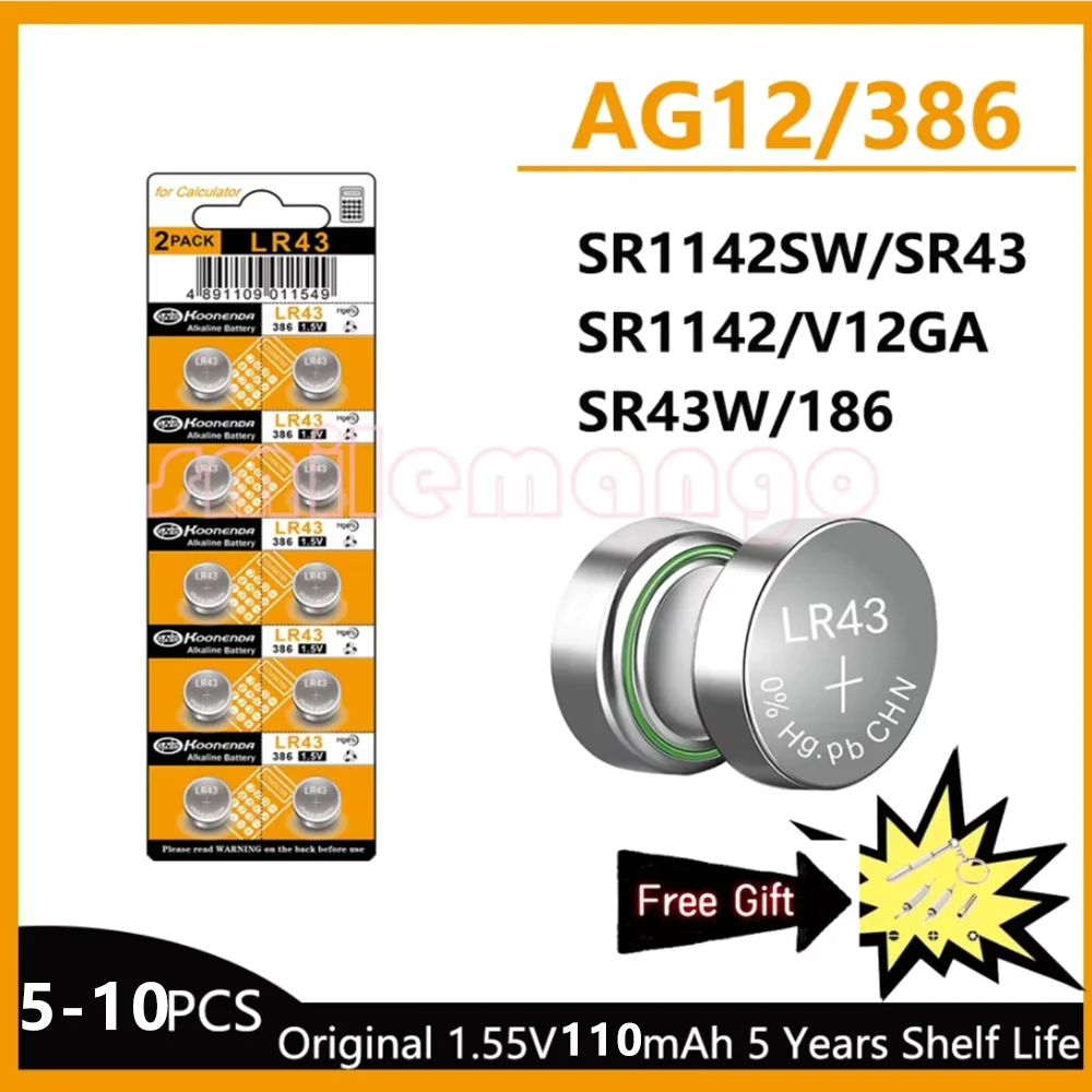 5-10PCS 1.55V AG12 LR43 100mAh Lithium Button Cell SR43 386 LR1142 V12GA AG 12 SR43W SR1142 Coin Cell Watch Toys Remote Battery