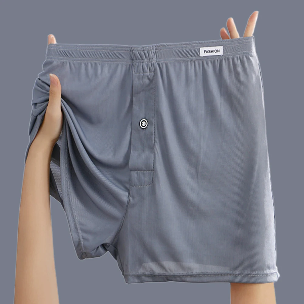 Men Solid Color Boxers Panties Ice Silk Skin-friendly Shorts Loose Daily Underwear Button Knickers Middle Waist Underpants