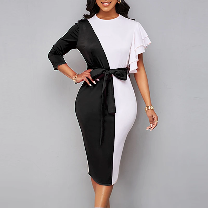 

MISSJOY Sexy OL Bodycon 3/4 Sleeve Belted Slit Dresses Women Color Block Ruffle One Shoulder Evening Party African Dress