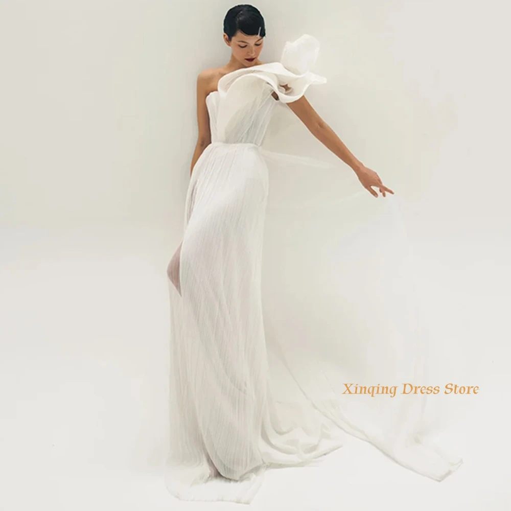 Bohemian High Split Wedding Dress Simple One Shoulder Sleeveless Customized Evening Dresses Sweep Train Special Occasion Gowns