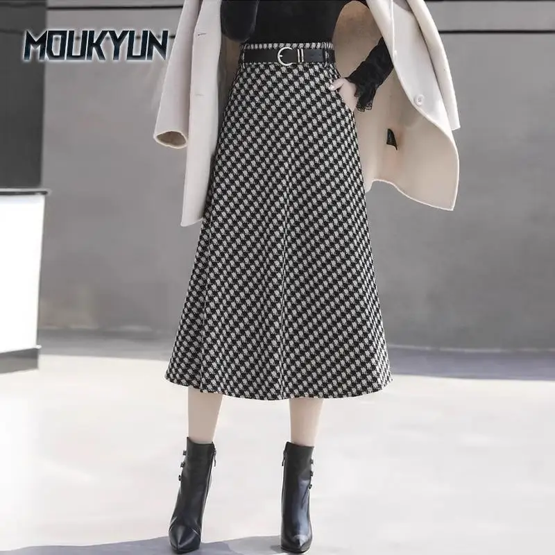 

Houndstooth Woolen Midi Skirts Women Korean Office A-Line Long Skirts With Belt Ladies Elegant Plaid Long Skirts Faldas