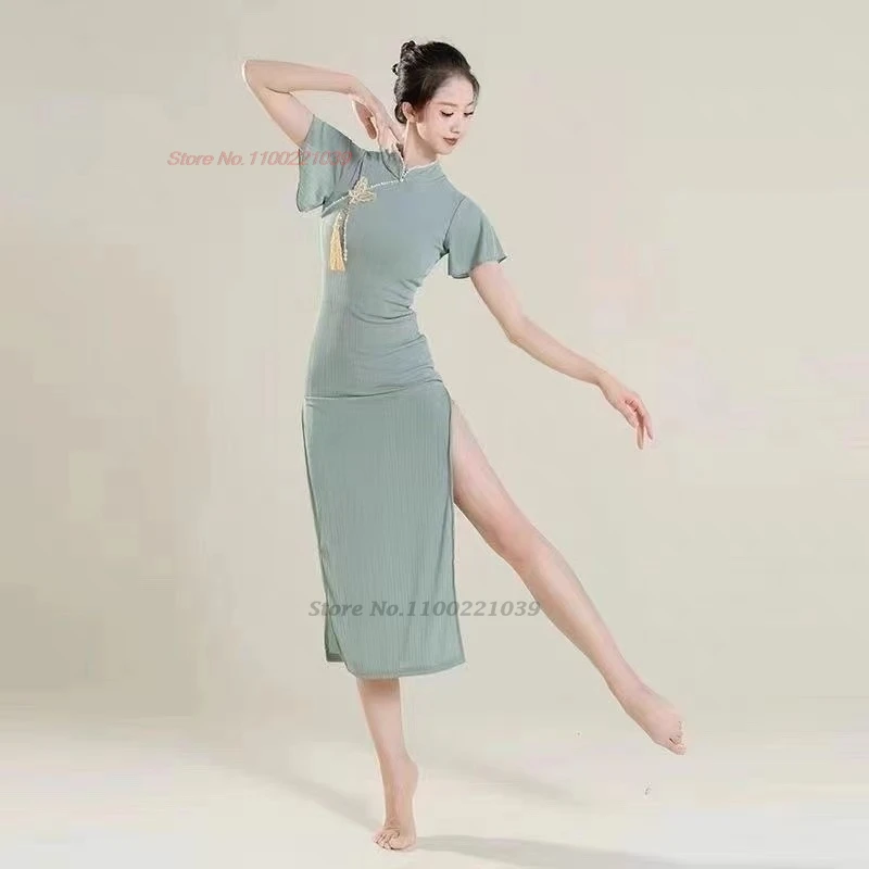 2024 traditional chinese vintage dance costume stage performance mesh qipao dress elegant oriental folk dance practice dress