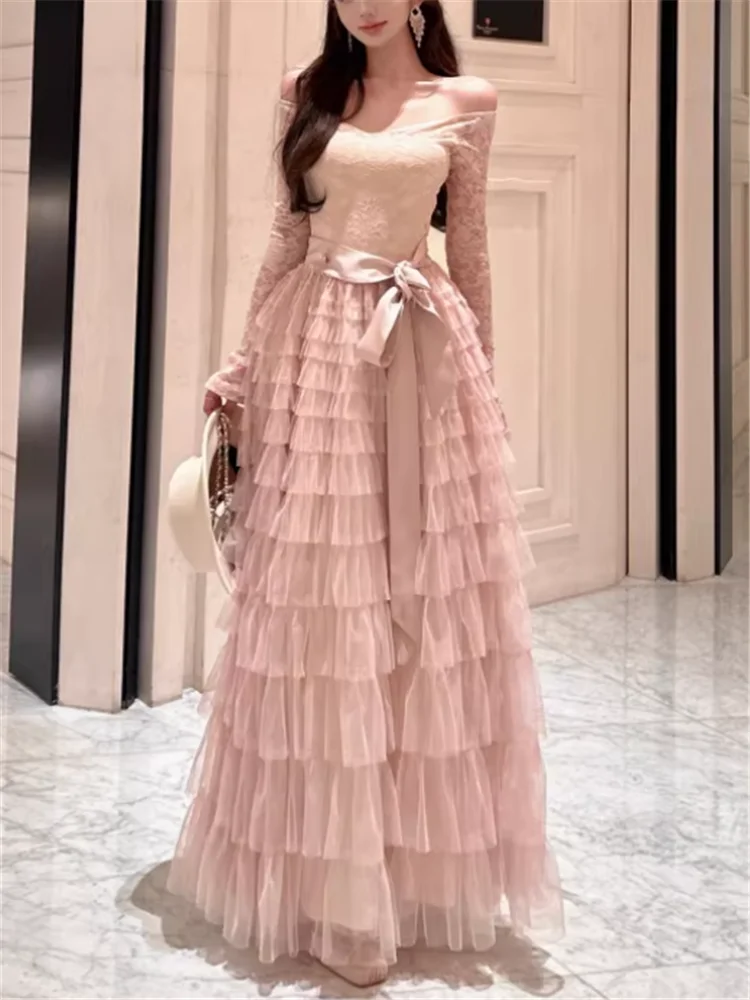 Elegante renda retalhos malha babados em camadas rosa longo bolo vestido novo 2026 celebridade fita arco fora do ombro vestido de festa