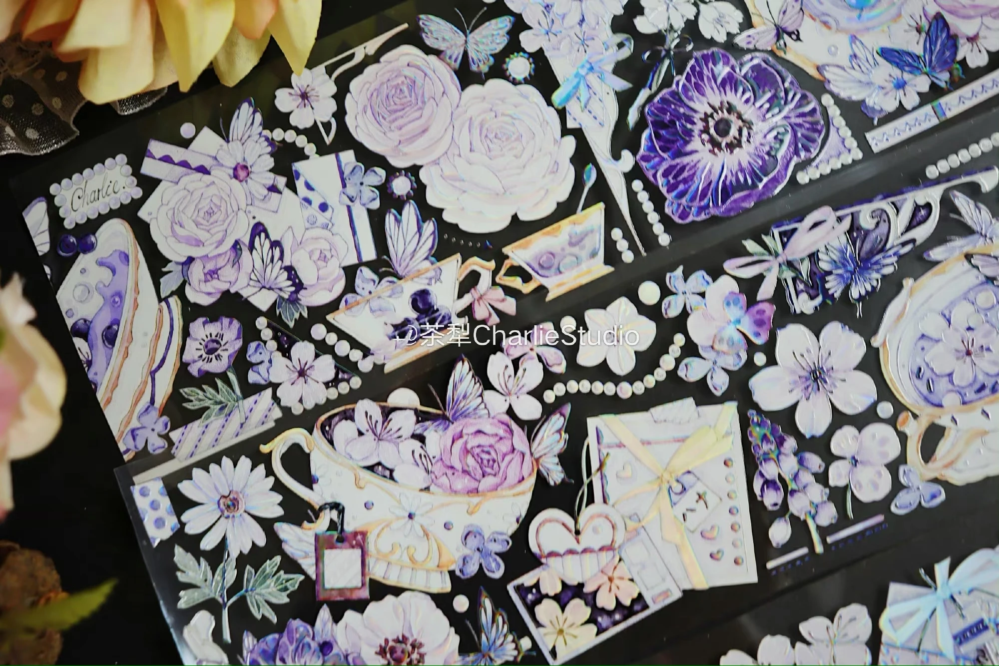 Vintage Night Purple Rose Butterfly Crystal Washi PET Tape for Card Making DIY Scrapbooking Decorative Sticker